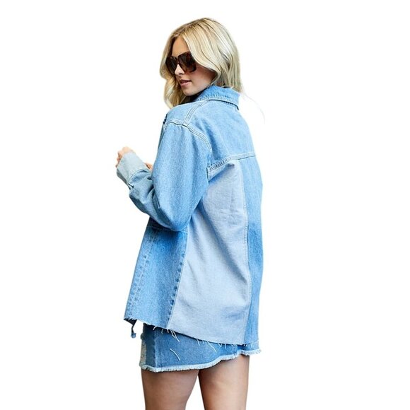 Hustle N Holla Felicity Denim Shacket Women Blue Y2K Casual Trendy Oversized NWT - Picture 3 of 15